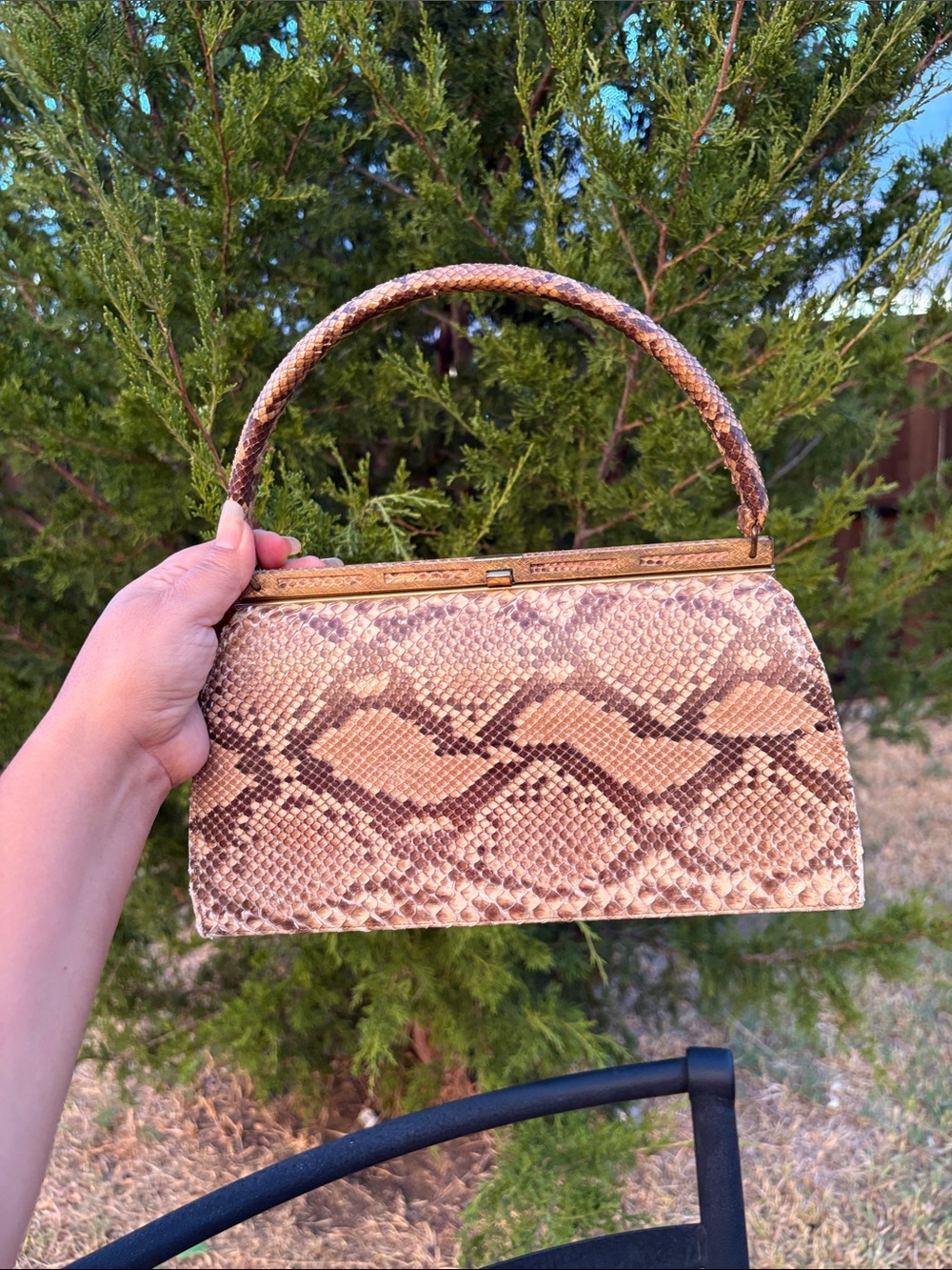 Beige Snake-Print Mini Top Handle Bag